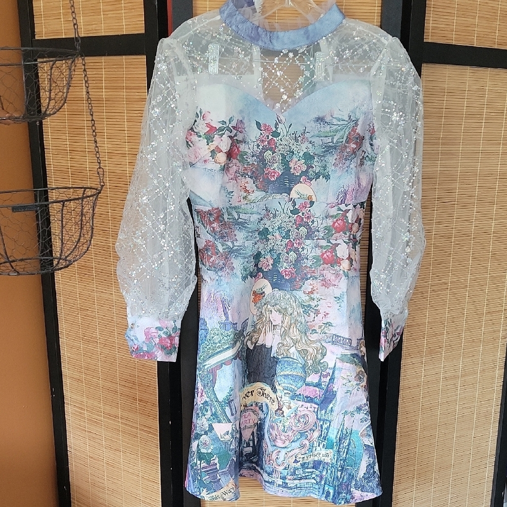 Blue and Pink Sheath Dress with Bishop Sleeves and Mock Neck